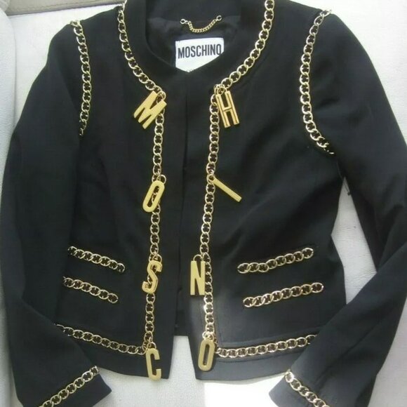 Moschino Black Jacket Gold Chain Logo LetterS TRIM Couture Italian IT40 USA 6 - Picture 10 of 13
